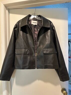 Jason Wu Black Faux Leather Cropped Gold Zip Jacket Raw Hem XL